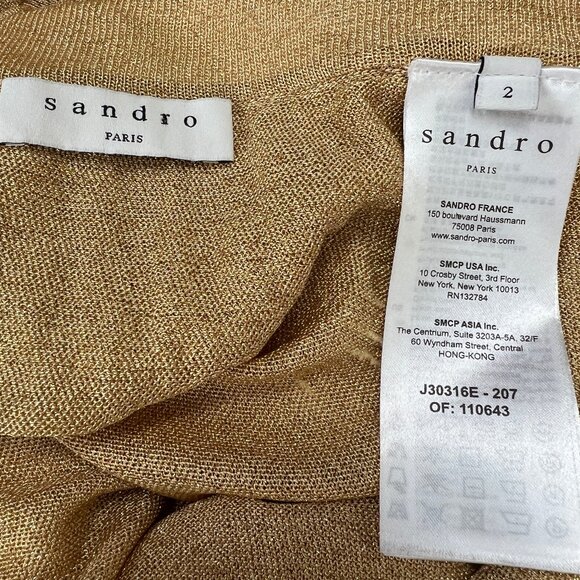 Sandro Emanuelle Metallic Knitted Midi Skirt Pleated High Rise Waisted Slit Gold - Picture 6 of 9